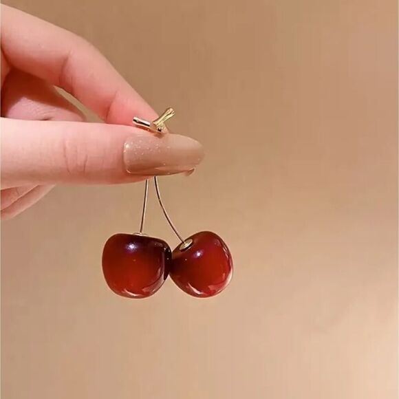 Cherry Earrings Red Fruit Fashion Jewelry Size 0.83''x1.7'' - Picture 5 of 10
